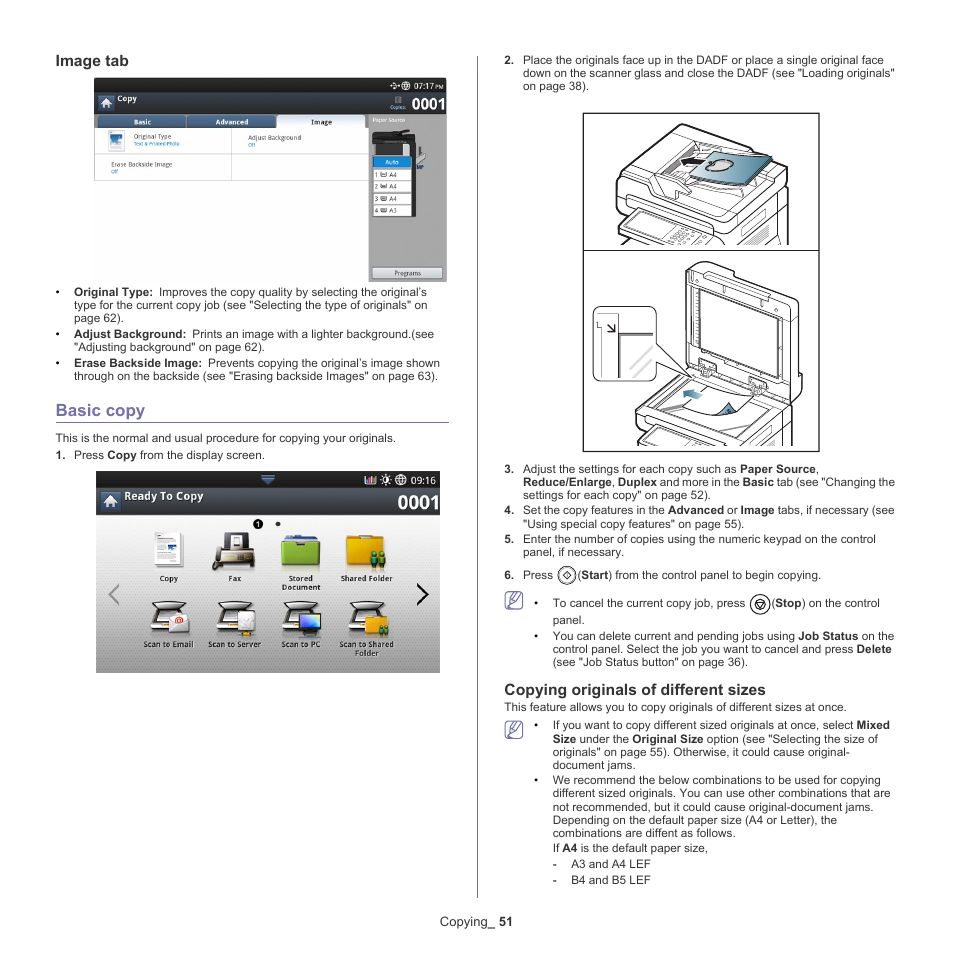 Image tab, Basic copy, Copying originals of different sizes | 51 basic copy | Samsung SCX-8128NA-XAA User Manual | Page 51 / 178