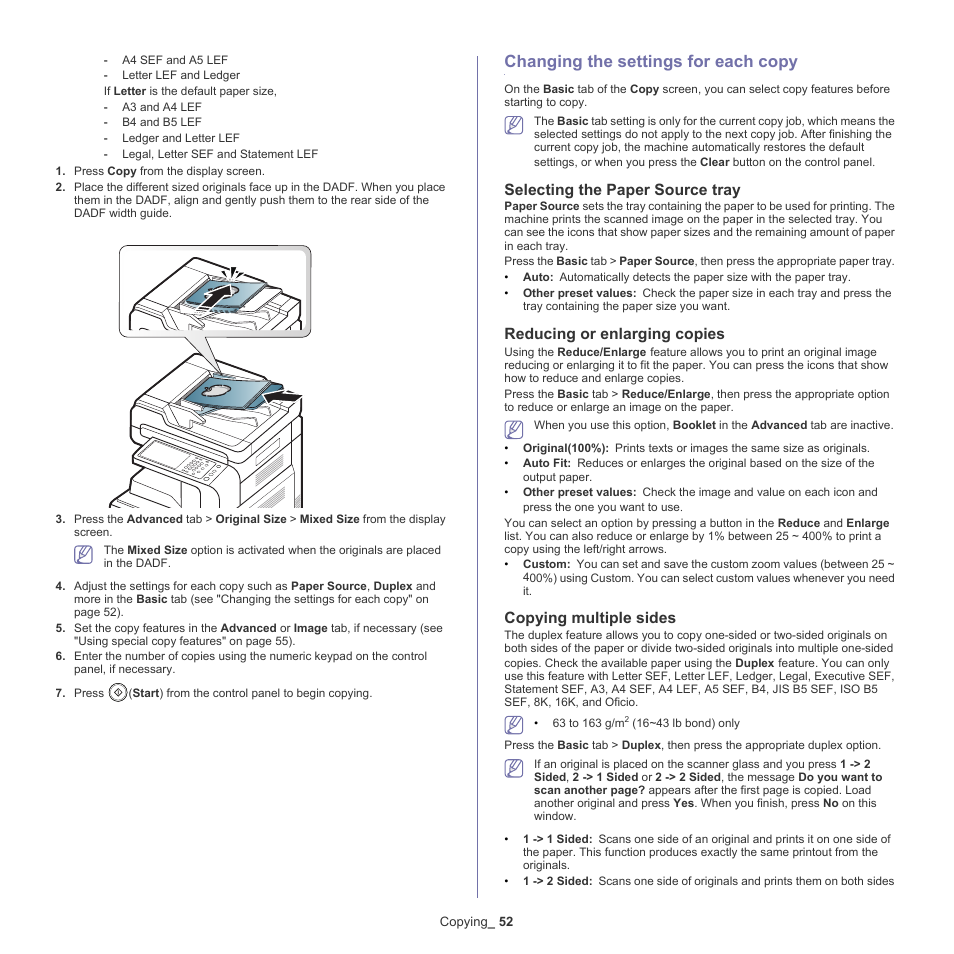 Changing the settings for each copy, Selecting the paper source tray, Reducing or enlarging copies | Copying multiple sides, 52 changing the settings for each copy, Selecting the paper, E "changing the | Samsung SCX-8128NA-XAA User Manual | Page 52 / 178