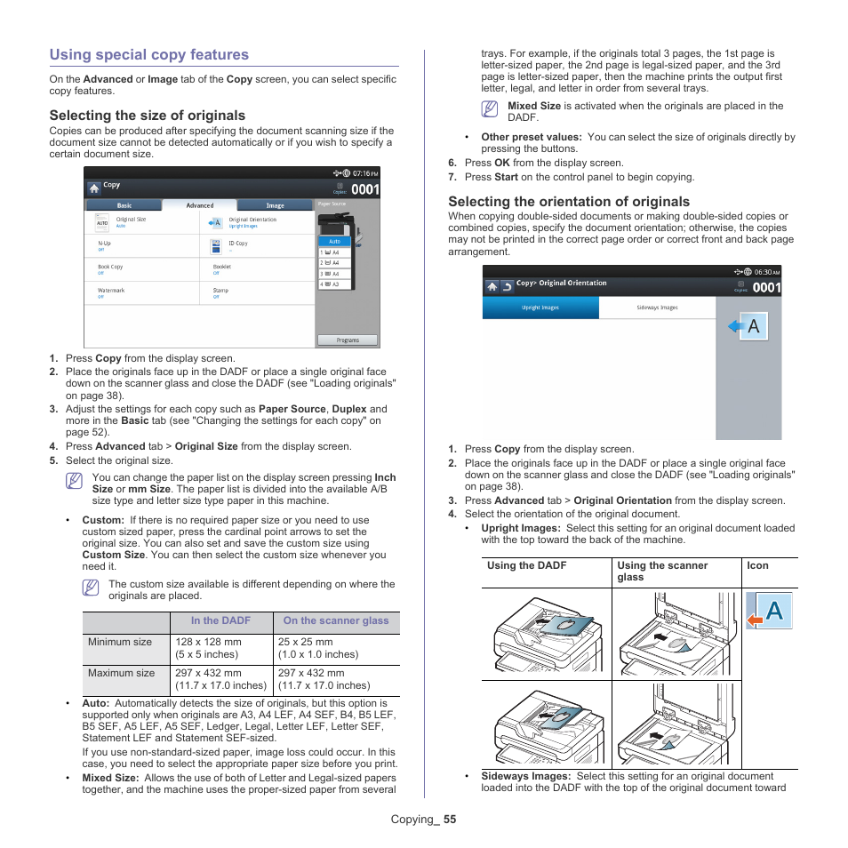 Using special copy features, Selecting the size of originals, Selecting the orientation of originals | 55 using special copy features, Tion (see "selecting the size of | Samsung SCX-8128NA-XAA User Manual | Page 55 / 178