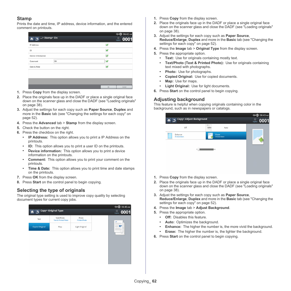 Stamp, Selecting the type of originals, Adjusting background | Adjusting background" on, Py job (see "selecting the type of originals" on | Samsung SCX-8128NA-XAA User Manual | Page 62 / 178