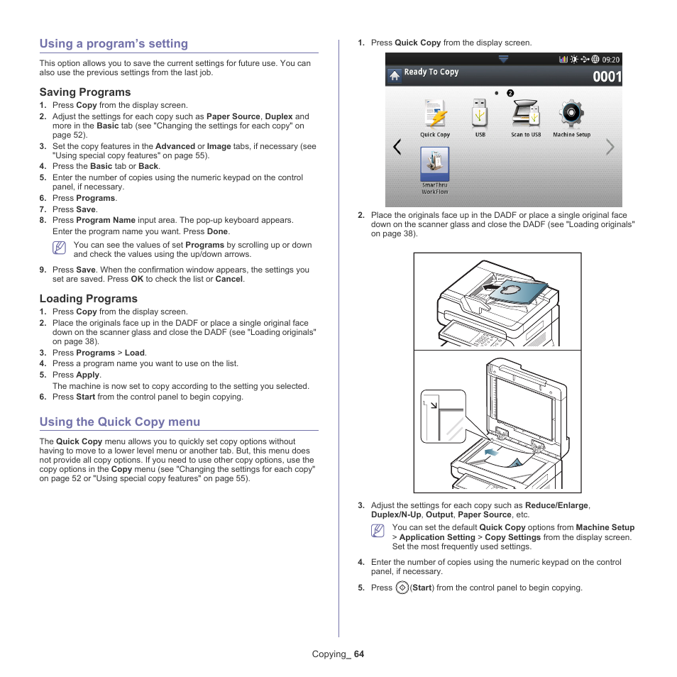 Using a program’s setting, Saving programs, Loading programs | Using the quick copy menu, 64 using a program’s setting, 64 using the quick copy menu, Using the quick copy | Samsung SCX-8128NA-XAA User Manual | Page 64 / 178