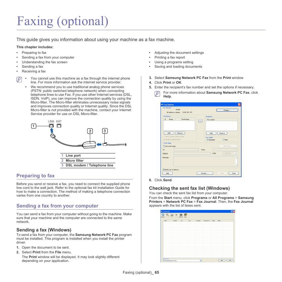 Faxing (optional), Preparing to fax, Sending a fax from your computer | Sending a fax (windows), Checking the sent fax list (windows) | Samsung SCX-8128NA-XAA User Manual | Page 65 / 178