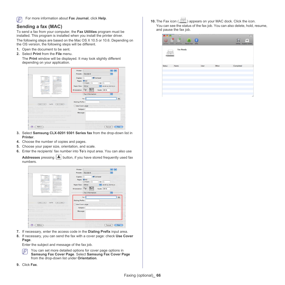 Sending a fax (mac) | Samsung SCX-8128NA-XAA User Manual | Page 66 / 178