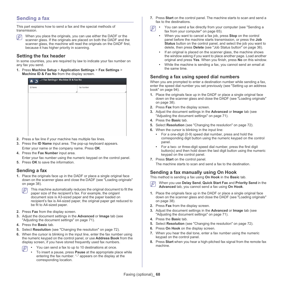 Sending a fax, Setting the fax header, Sending a fax using speed dial numbers | Sending a fax manually using on hook, 68 sending a fax | Samsung SCX-8128NA-XAA User Manual | Page 68 / 178