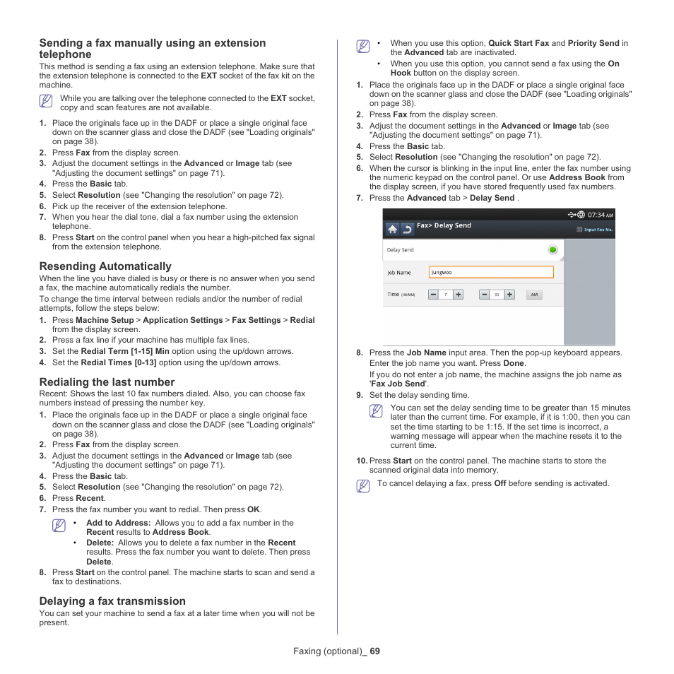 Resending automatically, Redialing the last number, Delaying a fax transmission | Samsung SCX-8128NA-XAA User Manual | Page 69 / 178