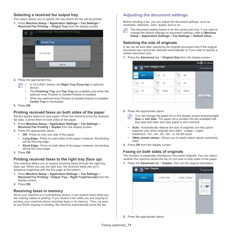 Selecting a received fax output tray, Printing received faxes on both sides of the paper, Receiving faxes in memory | Adjusting the document settings, Selecting the size of originals, Faxing on both sides of originals, 71 adjusting the document settings, Selecting the size of | Samsung SCX-8128NA-XAA User Manual | Page 71 / 178
