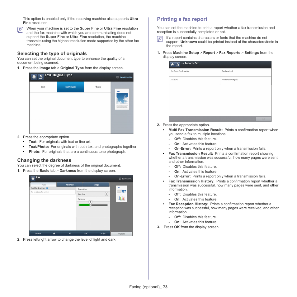 Selecting the type of originals, Changing the darkness, Printing a fax report | 73 printing a fax report | Samsung SCX-8128NA-XAA User Manual | Page 73 / 178