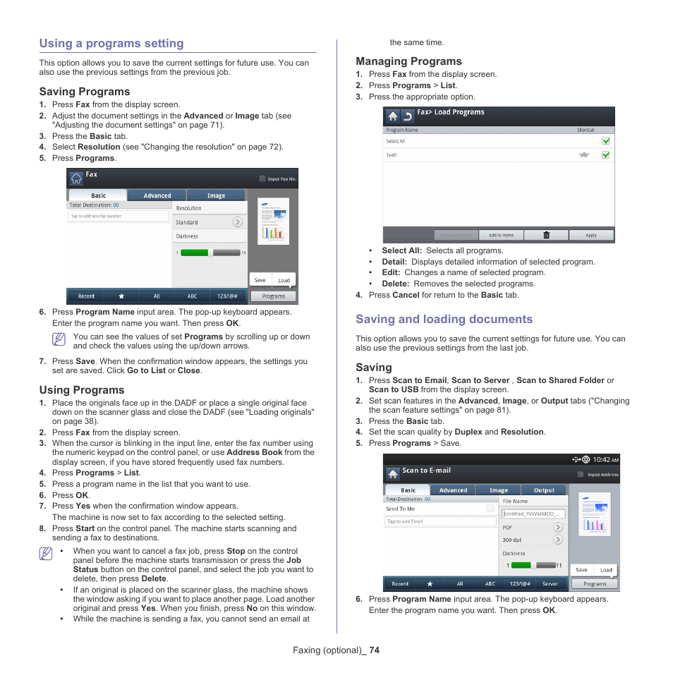 Using a programs setting, Saving programs, Using programs | Managing programs, Saving and loading documents, Saving, 74 using a programs setting, 74 saving and loading documents | Samsung SCX-8128NA-XAA User Manual | Page 74 / 178