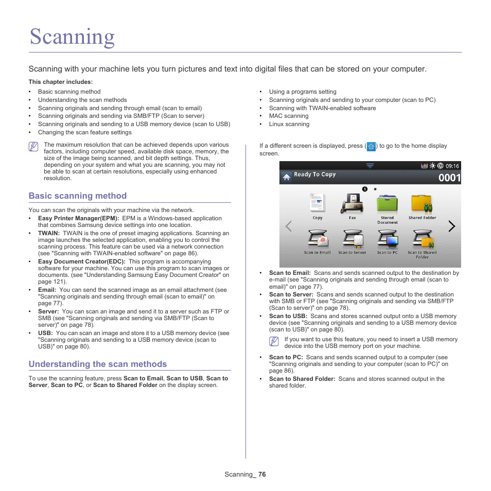 Scanning, Basic scanning method, Understanding the scan methods | Samsung SCX-8128NA-XAA User Manual | Page 76 / 178