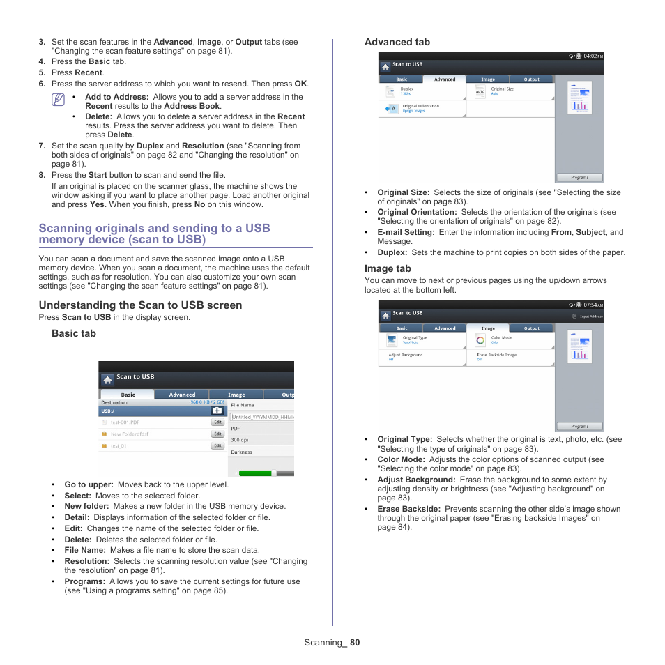 Understanding the scan to usb screen, Usb), Scanning originals and | Samsung SCX-8128NA-XAA User Manual | Page 80 / 178