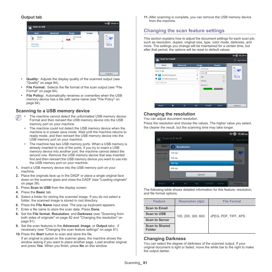 Scanning to a usb memory device, Changing the scan feature settings, Changing the resolution | Changing darkness, 81 changing the scan feature settings, Changing, Changing the, Nd "changing the resolution" on, D "changing the resolution" on | Samsung SCX-8128NA-XAA User Manual | Page 81 / 178