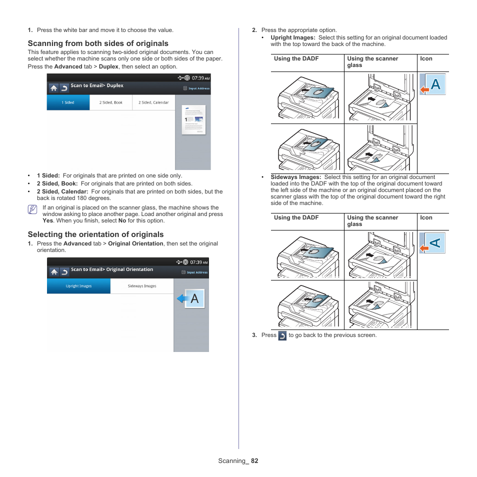 Scanning from both sides of originals, Selecting the orientation of originals, Ee "scanning from | See "scanning from, Scanning from | Samsung SCX-8128NA-XAA User Manual | Page 82 / 178