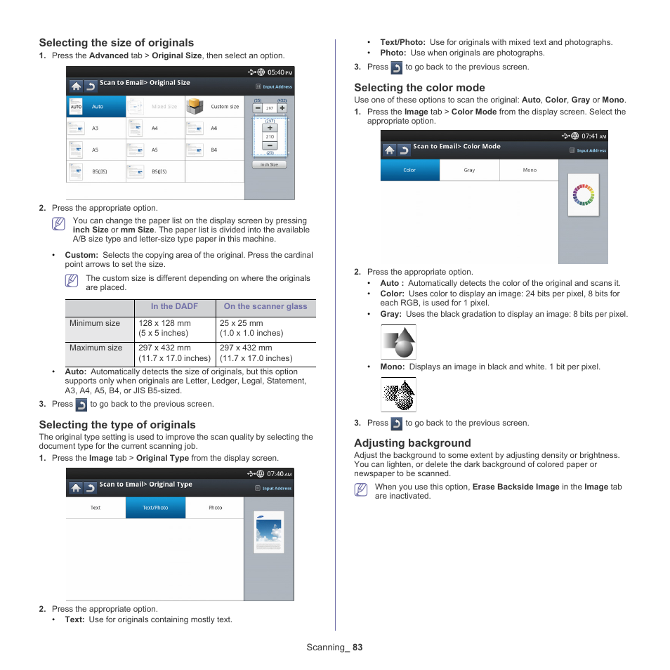 Selecting the size of originals, Selecting the type of originals, Selecting the color mode | Adjusting background, Selecting the size, Adjusting background" on | Samsung SCX-8128NA-XAA User Manual | Page 83 / 178