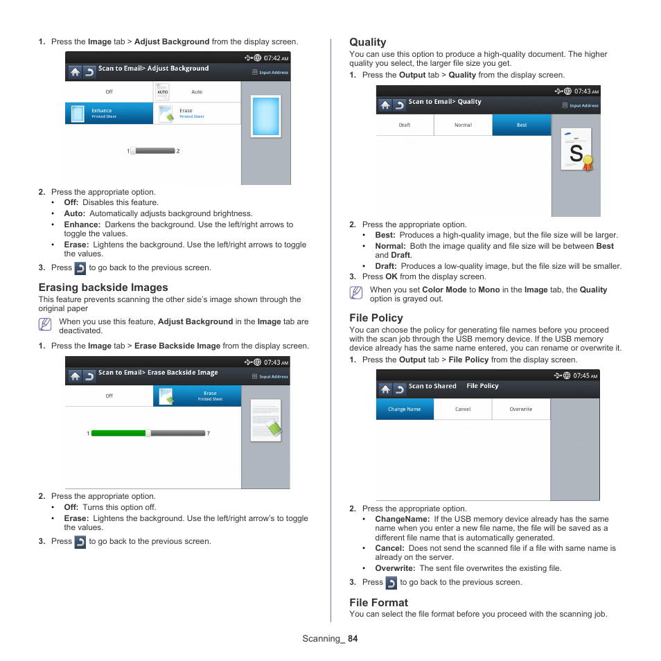 Erasing backside images, Quality, File policy | File format, E "file, Erasing backside images" on, File, See "file policy" on | Samsung SCX-8128NA-XAA User Manual | Page 84 / 178