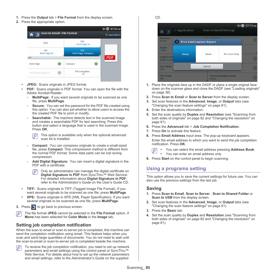 Setting job completion notification, Using a programs setting, Saving | 85 using a programs setting | Samsung SCX-8128NA-XAA User Manual | Page 85 / 178
