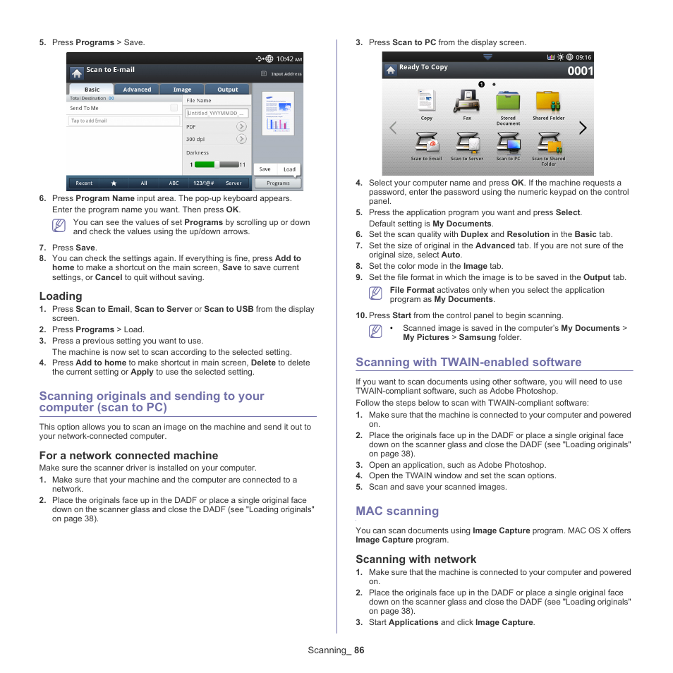Loading, For a network connected machine, Scanning with twain-enabled software | Mac scanning, Scanning with network, Scanning originals and | Samsung SCX-8128NA-XAA User Manual | Page 86 / 178