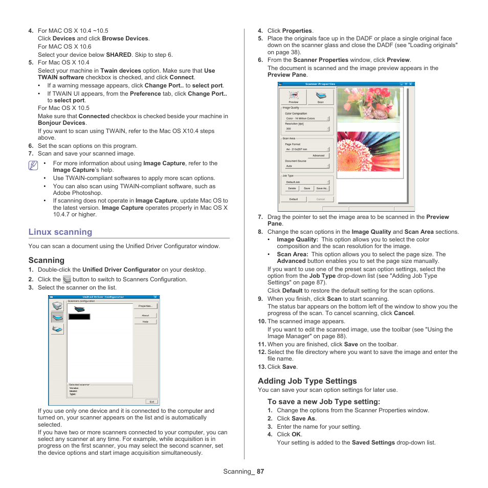 Linux scanning, Scanning, Adding job type settings | 87 linux scanning | Samsung SCX-8128NA-XAA User Manual | Page 87 / 178