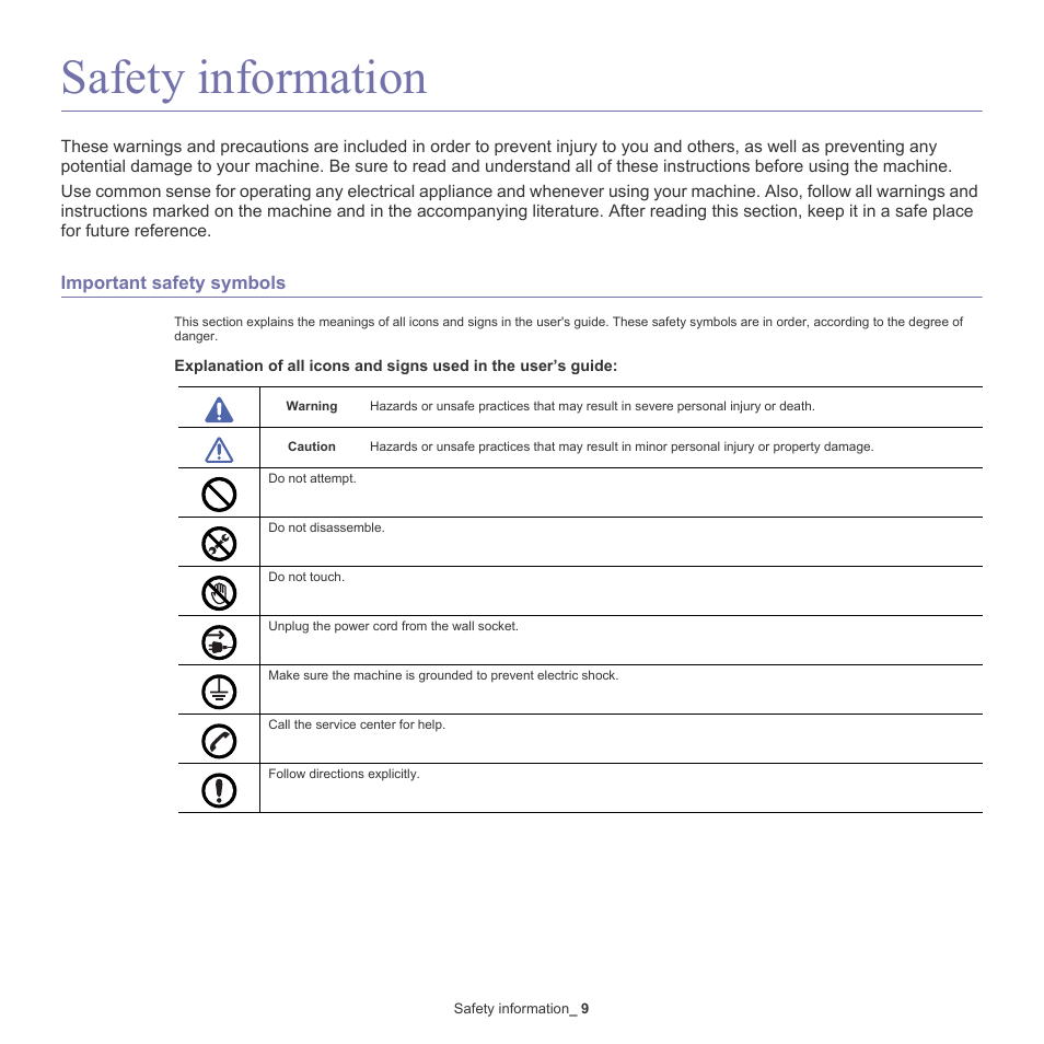 Safety information, 9 safety information | Samsung SCX-8128NA-XAA User Manual | Page 9 / 178