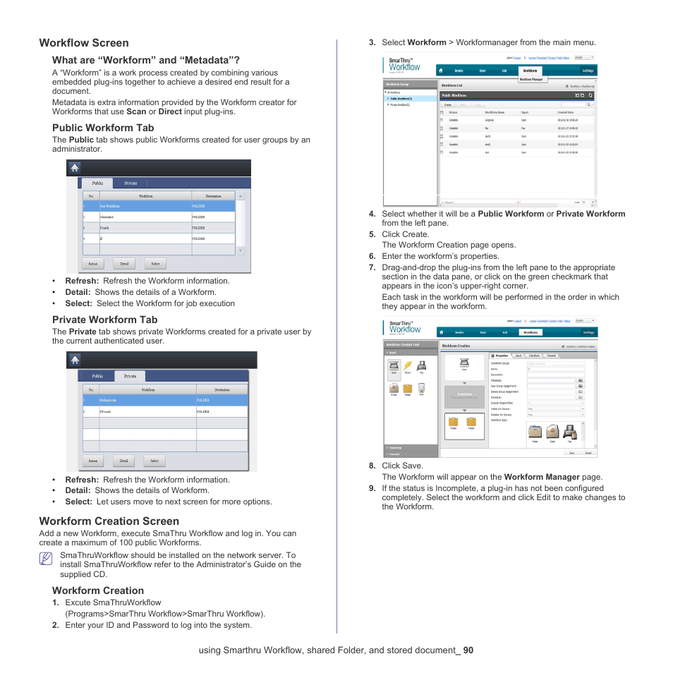 Workflow screen, Workform creation screen | Samsung SCX-8128NA-XAA User Manual | Page 90 / 178