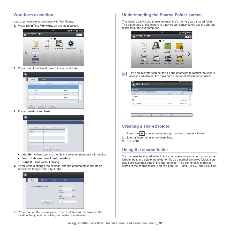 Workform execution, Understanding the shared folder screen, Creating a shared folder | Using the shared folder, Understanding | Samsung SCX-8128NA-XAA User Manual | Page 91 / 178