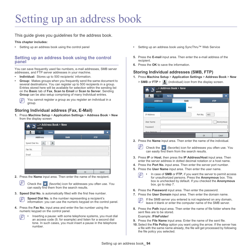 Setting up an address book, Setting up an address book using the control panel, Storing individual address (fax, e-mail) | Storing individual addresses (smb, ftp), See "setting up an address book using the, Setting up an address, E "setting up an address, Eb service (see "setting up an | Samsung SCX-8128NA-XAA User Manual | Page 94 / 178