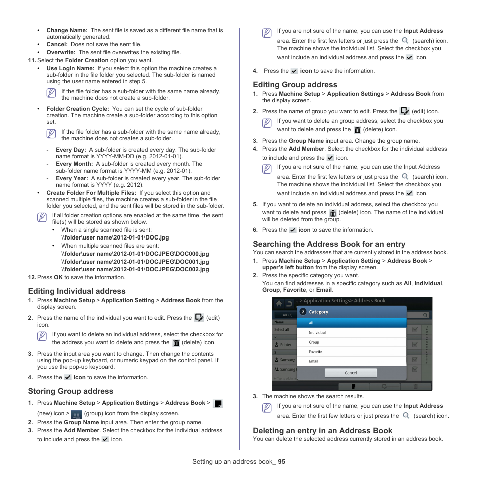 Editing individual address, Storing group address, Editing group address | Searching the address book for an entry, Deleting an entry in an address book | Samsung SCX-8128NA-XAA User Manual | Page 95 / 178