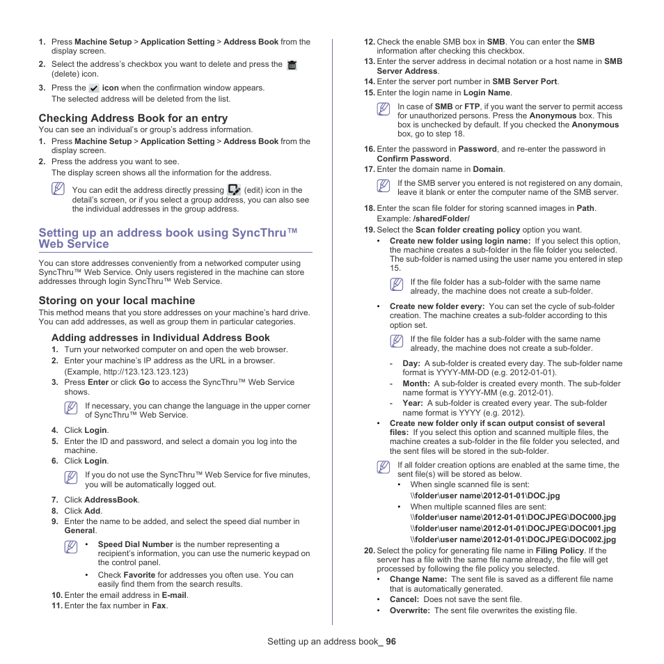 Checking address book for an entry, Storing on your local machine, Setting up an address book using | Setting up an address book, Or "setting up an, Setting up an, Adding addresses in individual address book | Samsung SCX-8128NA-XAA User Manual | Page 96 / 178
