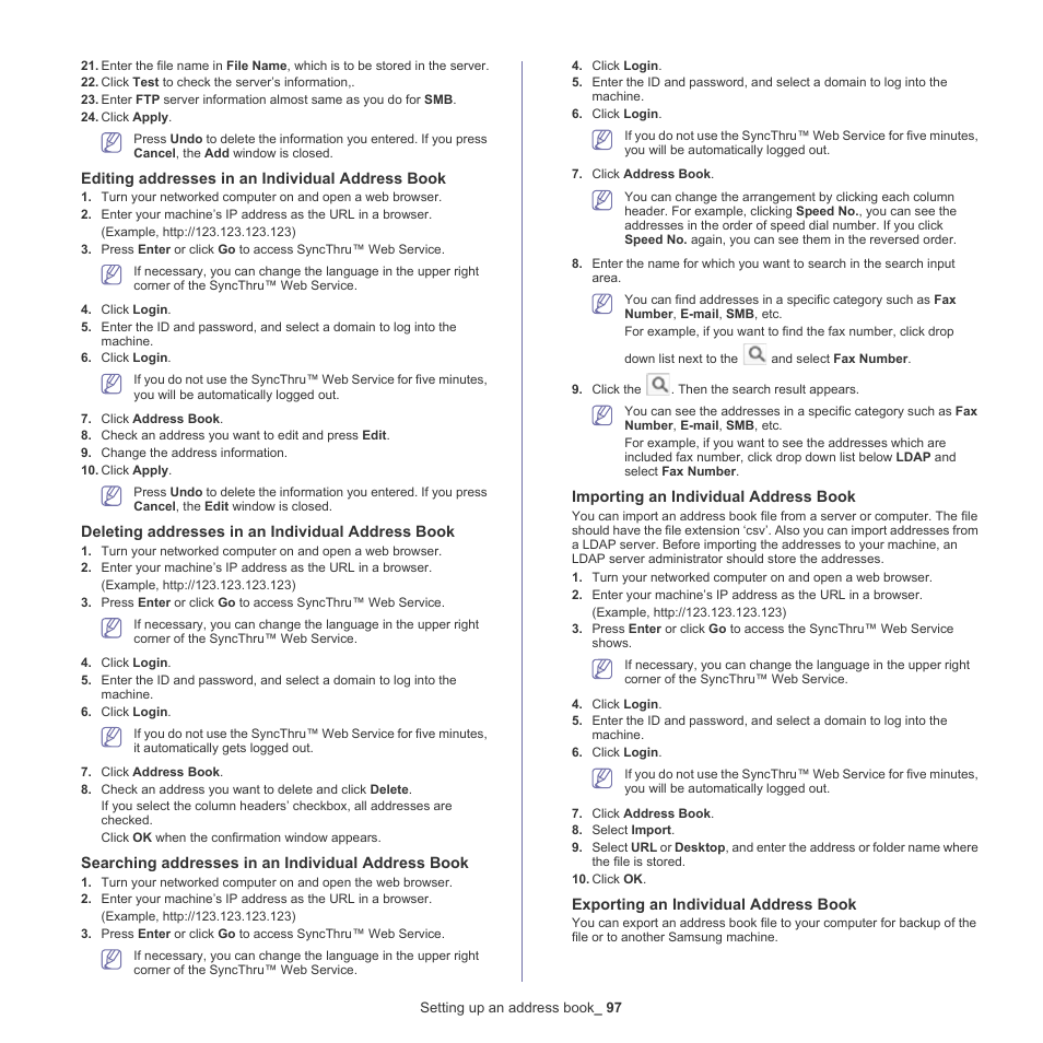 Editing addresses in an individual address book, Deleting addresses in an individual address book, Searching addresses in an individual address book | Importing an individual address book, Exporting an individual address book | Samsung SCX-8128NA-XAA User Manual | Page 97 / 178