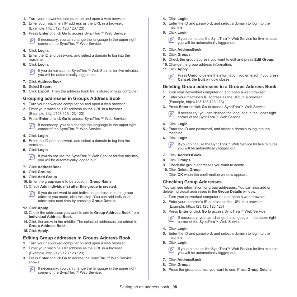 Grouping addresses in groups address book, Editing group addresses in groups address book, Deleting group addresses in a groups address book | Checking group addresses | Samsung SCX-8128NA-XAA User Manual | Page 98 / 178