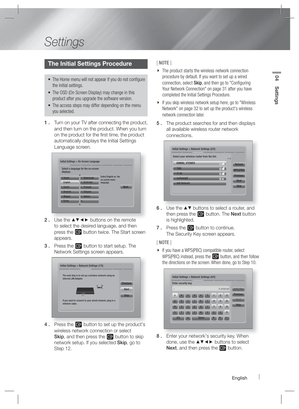 Settings, The initial settings procedure, 04 settings | English | Samsung HT-EM54C-ZA User Manual | Page 23 / 65