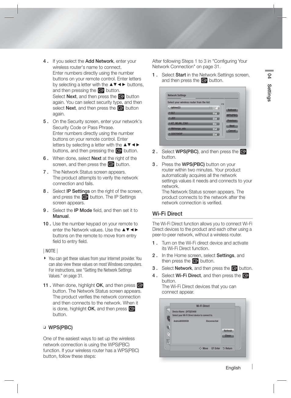 Wi-fi direct, Wps(pbc) | Samsung HT-EM54C-ZA User Manual | Page 33 / 65