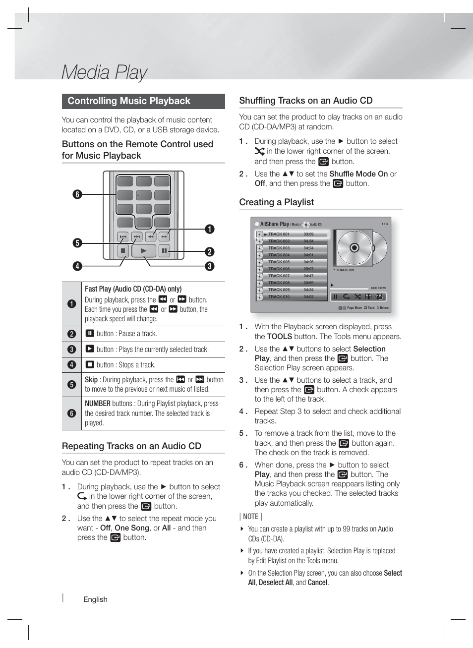 Media play, Controlling music playback, Repeating tracks on an audio cd | Shuffling tracks on an audio cd, Creating a playlist | Samsung HT-EM54C-ZA User Manual | Page 44 / 65