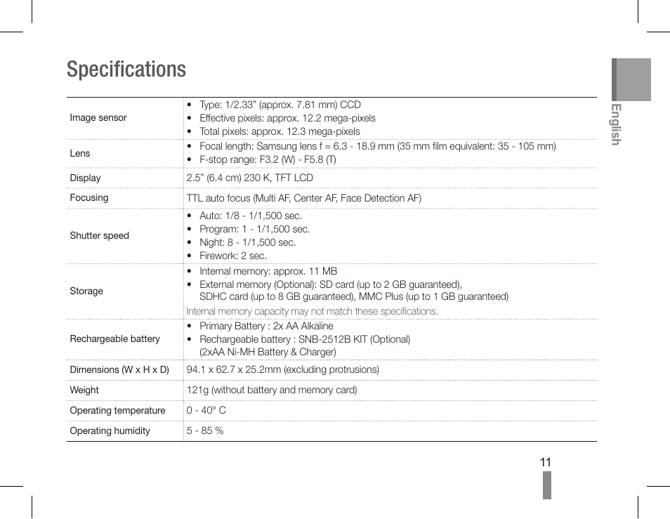 Specifications | Samsung EC-SL40ZZBASUS User Manual | Page 11 / 22