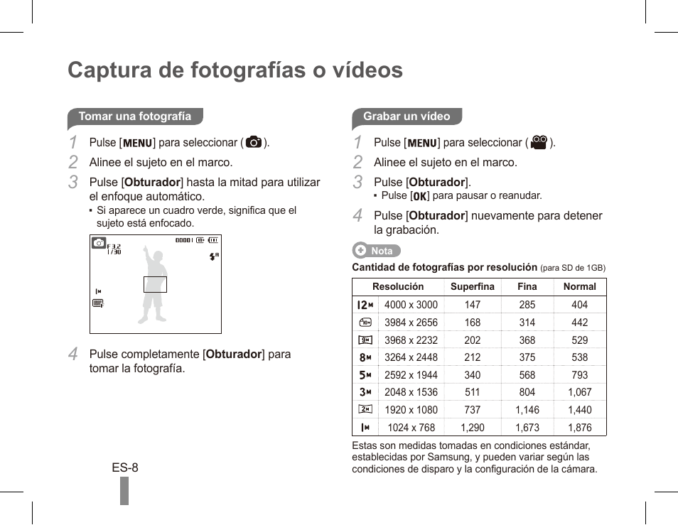 Captura de fotografías o vídeos | Samsung EC-SL40ZZBASUS User Manual | Page 18 / 22