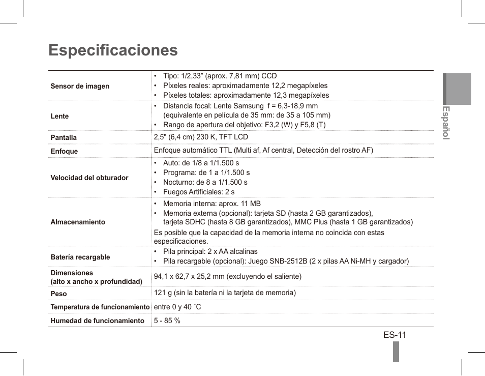 Especificaciones | Samsung EC-SL40ZZBASUS User Manual | Page 21 / 22