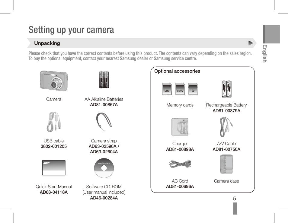 Setting up your camera | Samsung EC-SL40ZZBASUS User Manual | Page 5 / 22