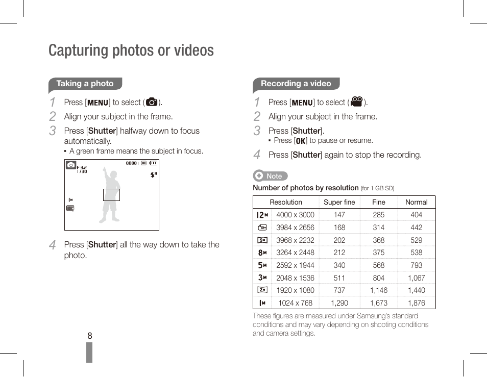 Capturing photos or videos | Samsung EC-SL40ZZBASUS User Manual | Page 8 / 22