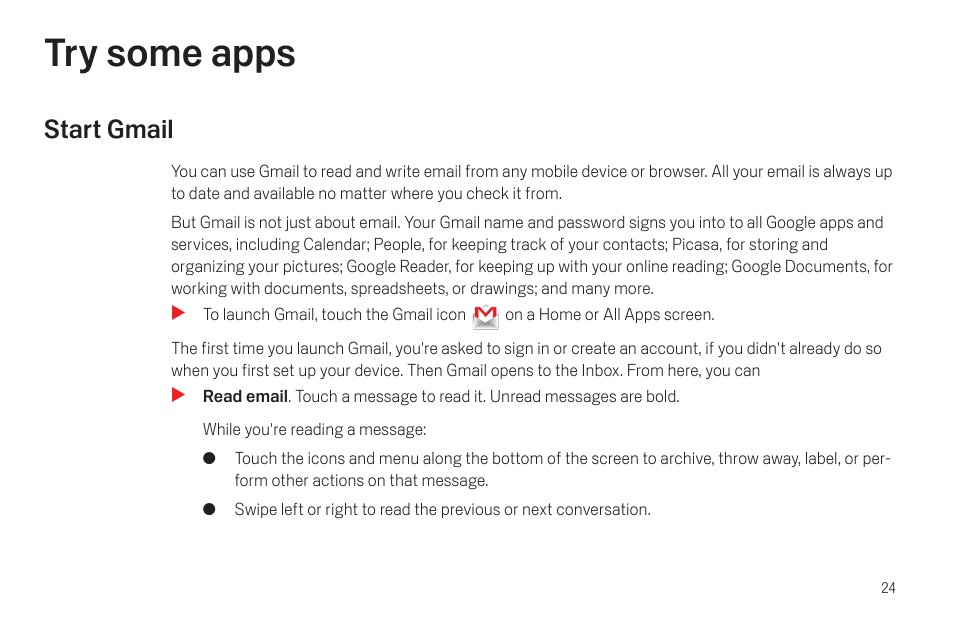 Try some apps, Start gmail, Try some apps 24 | Start gmail 24 | Samsung SCH-I515MSAVZW User Manual | Page 27 / 107