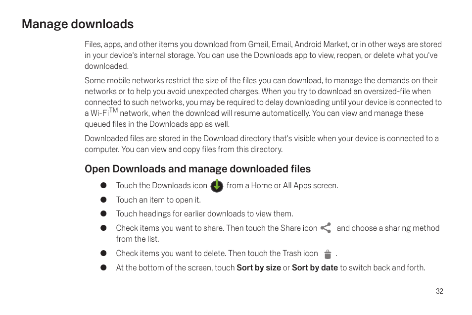 Manage downloads, Manage downloads 32 | Samsung SCH-I515MSAVZW User Manual | Page 35 / 107
