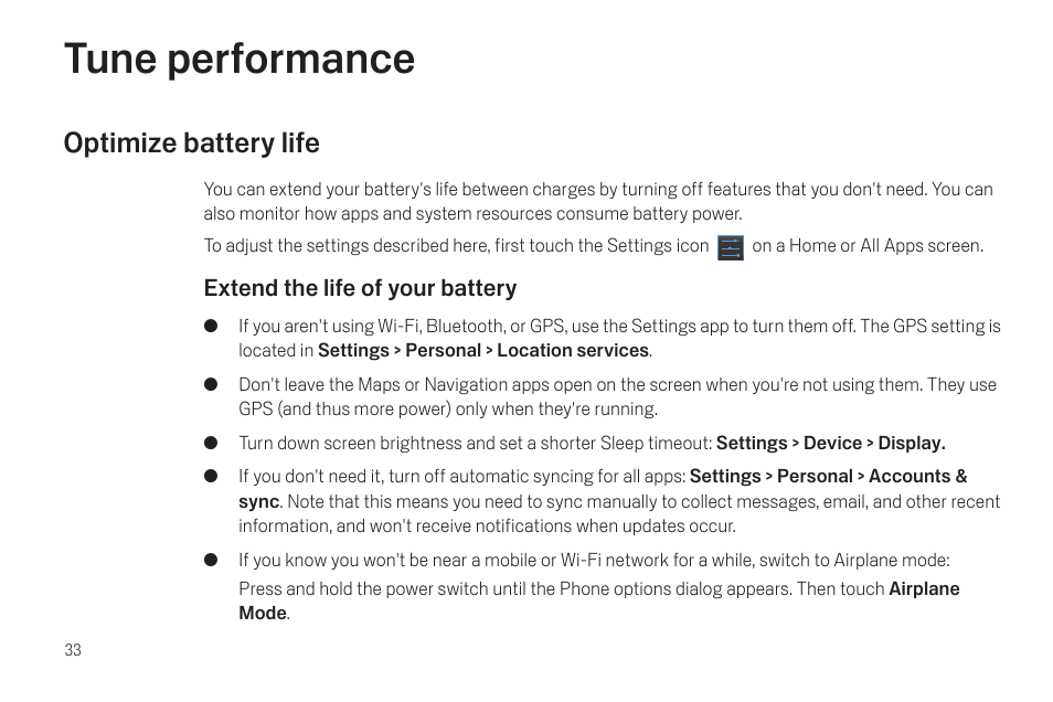 Tune performance, Optimize battery life, Tune performance 33 | Optimize battery life 33 | Samsung SCH-I515MSAVZW User Manual | Page 36 / 107