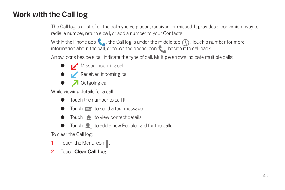 Work with the call log, Work with the call log 46 | Samsung SCH-I515MSAVZW User Manual | Page 49 / 107