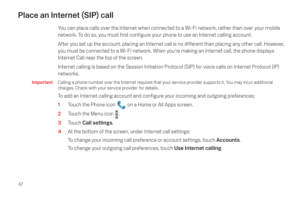 Place an internet (sip) call, Place an internet (sip) call 47 | Samsung SCH-I515MSAVZW User Manual | Page 50 / 107