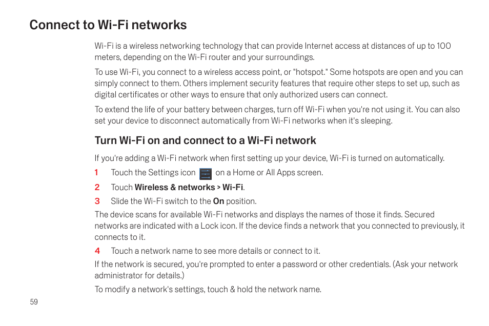 Connect to wi-fi networks, Connect to wi-fi networks 59 | Samsung SCH-I515MSAVZW User Manual | Page 62 / 107