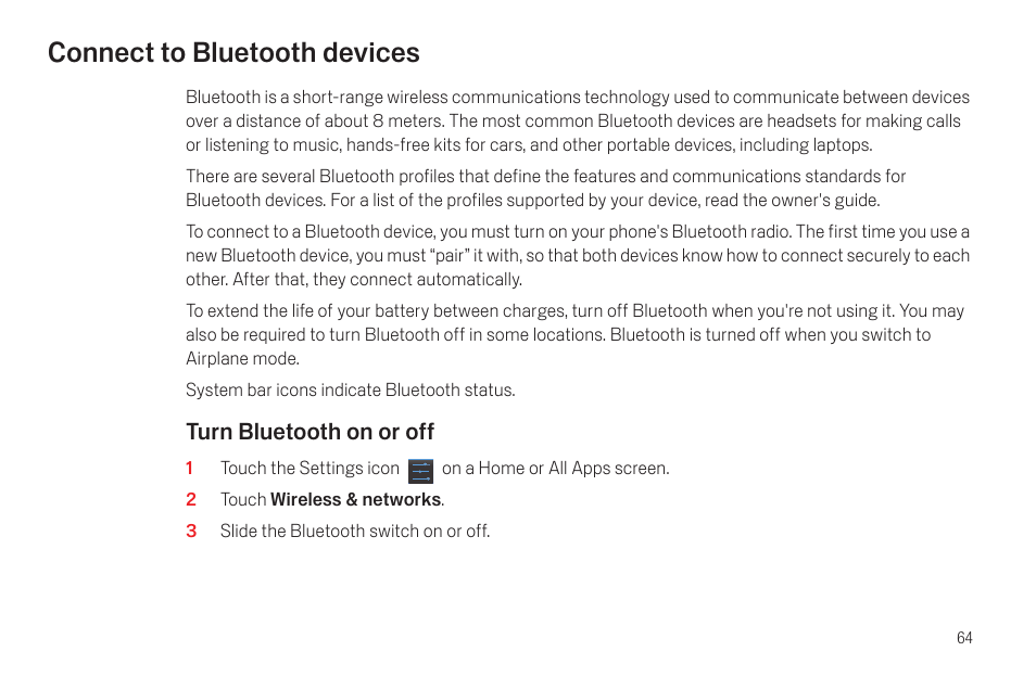 Connect to bluetooth devices, Connect to bluetooth devices 64 | Samsung SCH-I515MSAVZW User Manual | Page 67 / 107