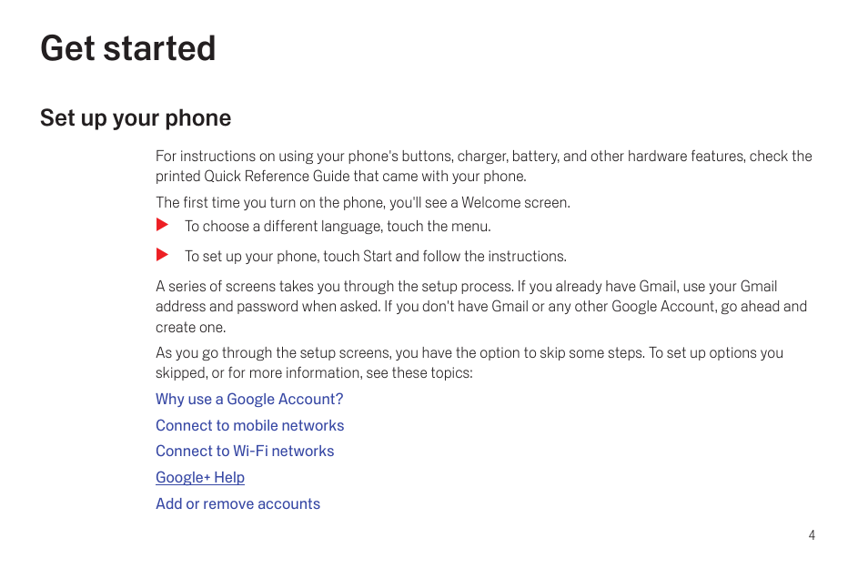 Get started, Set up your phone, Get started 4 | Set up your phone 4 | Samsung SCH-I515MSAVZW User Manual | Page 7 / 107