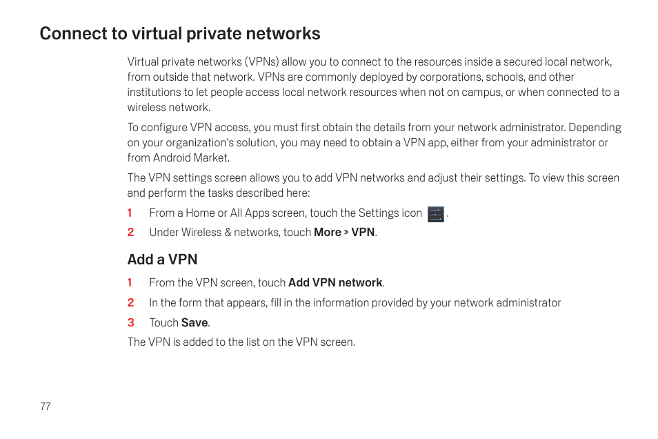 Connect to virtual private networks, Connect to virtual private networks 77 | Samsung SCH-I515MSAVZW User Manual | Page 80 / 107