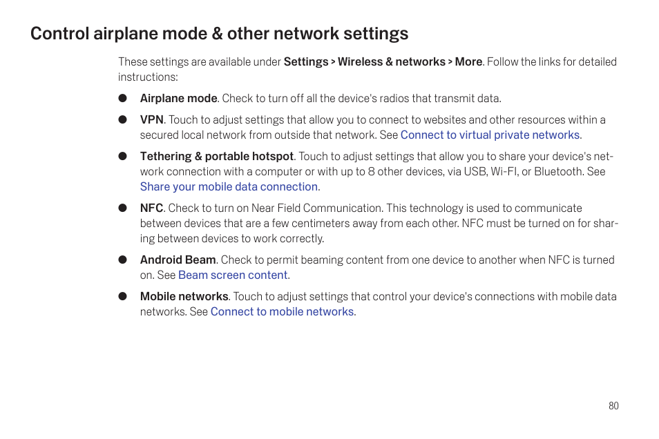 Control airplane mode & other network settings, Control airplane mode & other network settings 80 | Samsung SCH-I515MSAVZW User Manual | Page 83 / 107