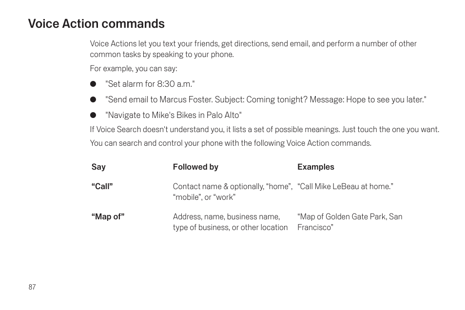 Voice action commands, Voice action commands 87 | Samsung SCH-I515MSAVZW User Manual | Page 90 / 107