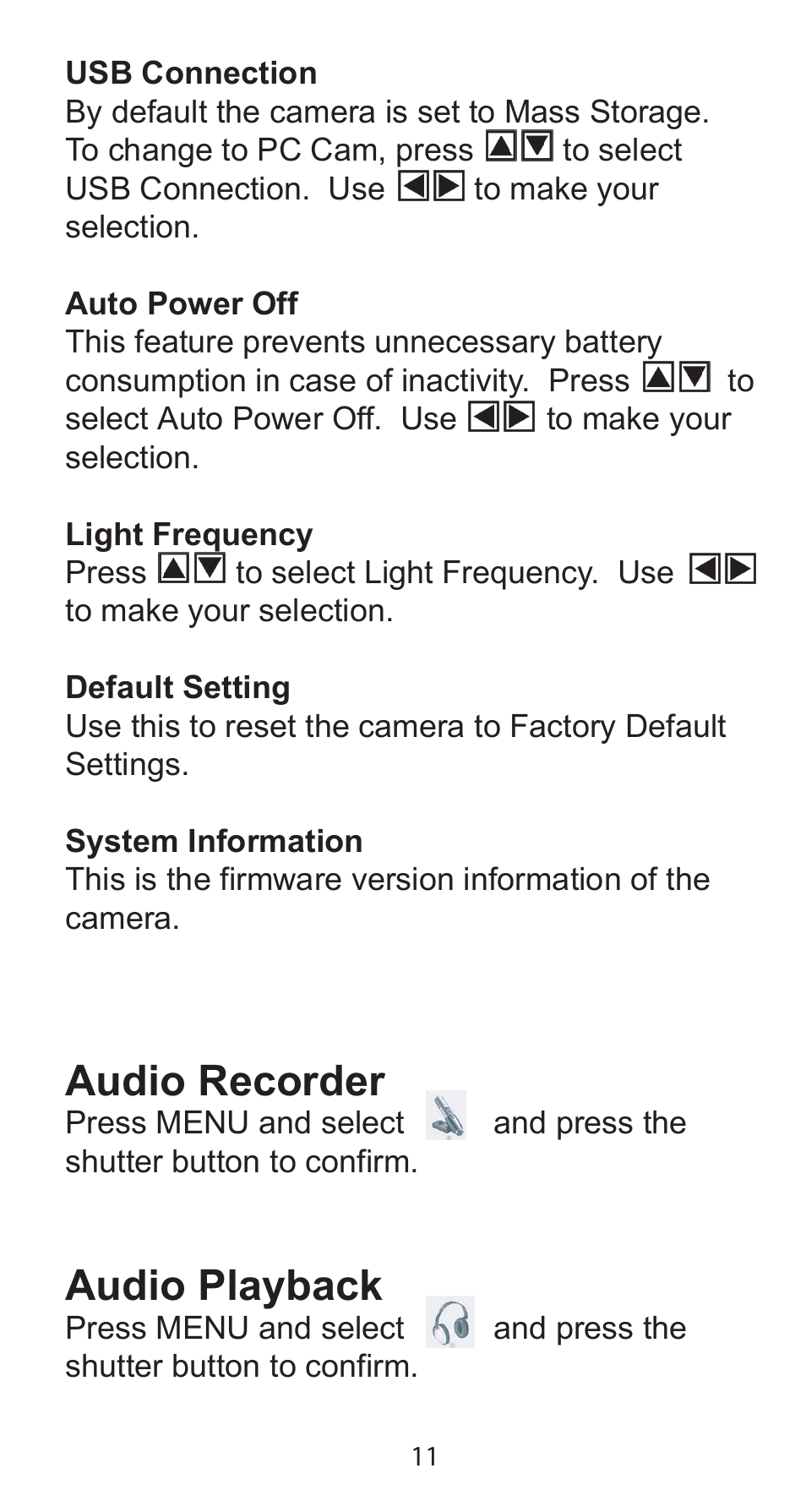 Audio recorder, Audio playback | Argus Camera Argus DC-5195 User Manual | Page 11 / 15