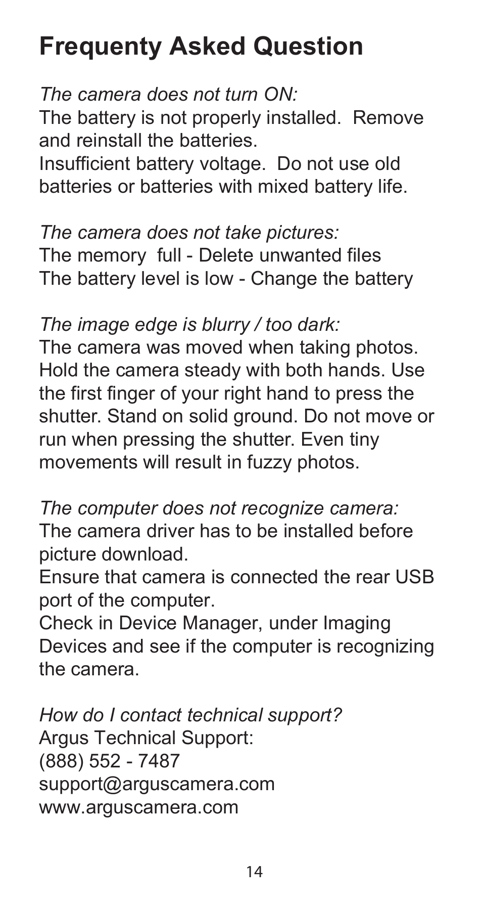 Frequenty asked question | Argus Camera Argus DC-5195 User Manual | Page 14 / 15